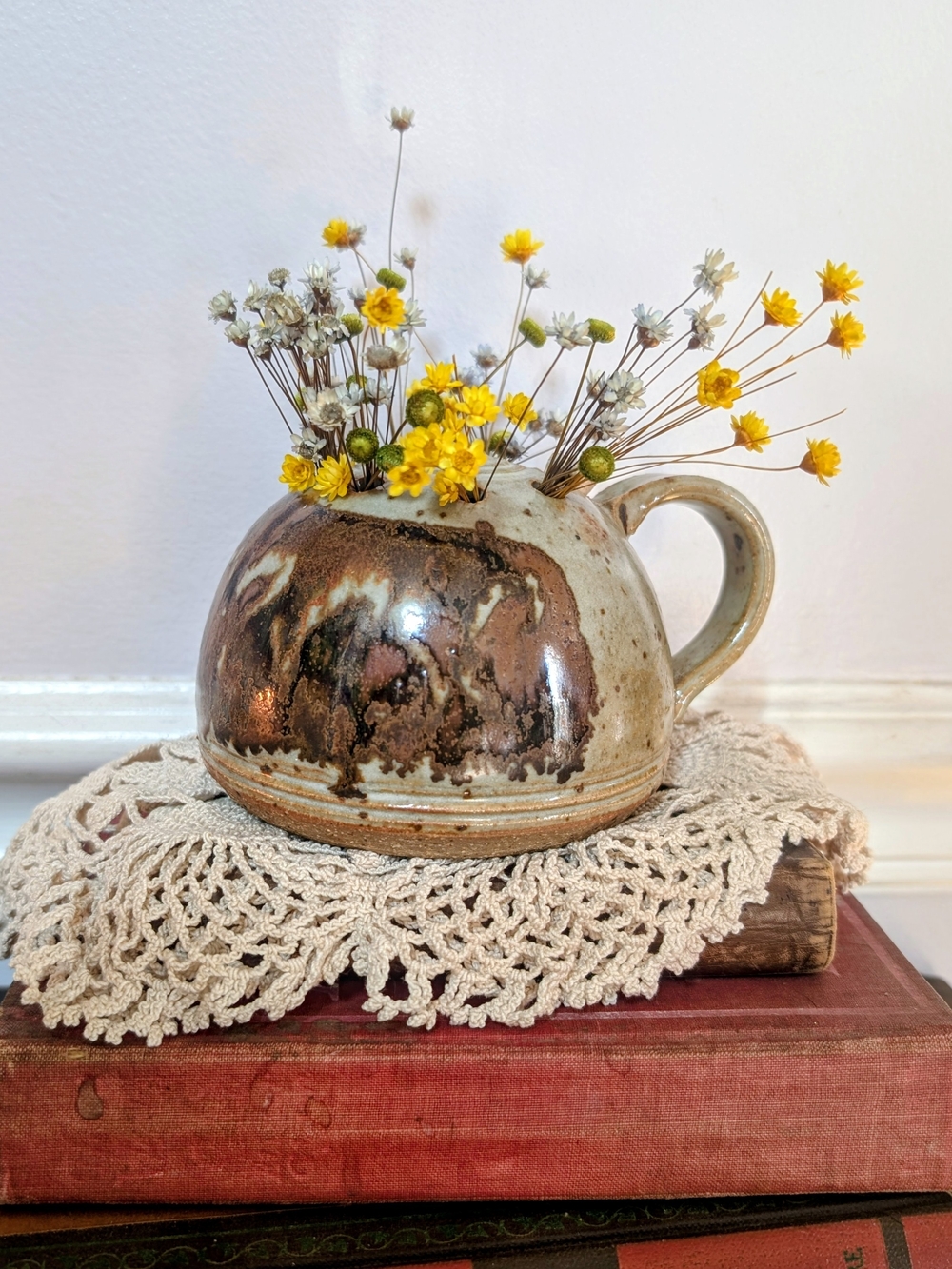 Artisan Ceramic Pitcher Vase in Brown and Cream Glaze